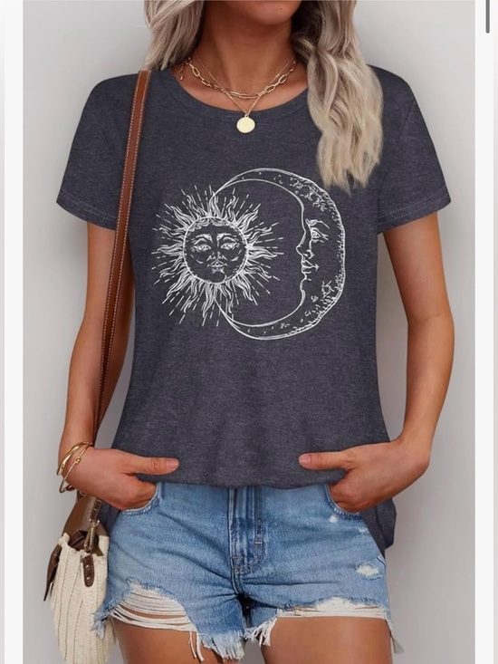 Tops - Celestial Sun Moon Graphic Tee Women Soft Dark Gray Crewneck Casual Top